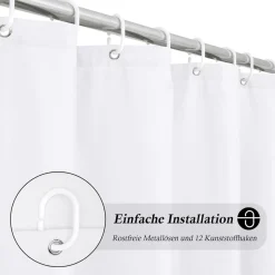 Duschvorhang 180x210 Weiß Textil Stoff Wasserdicht Anti-Schimmel 12 Ringe