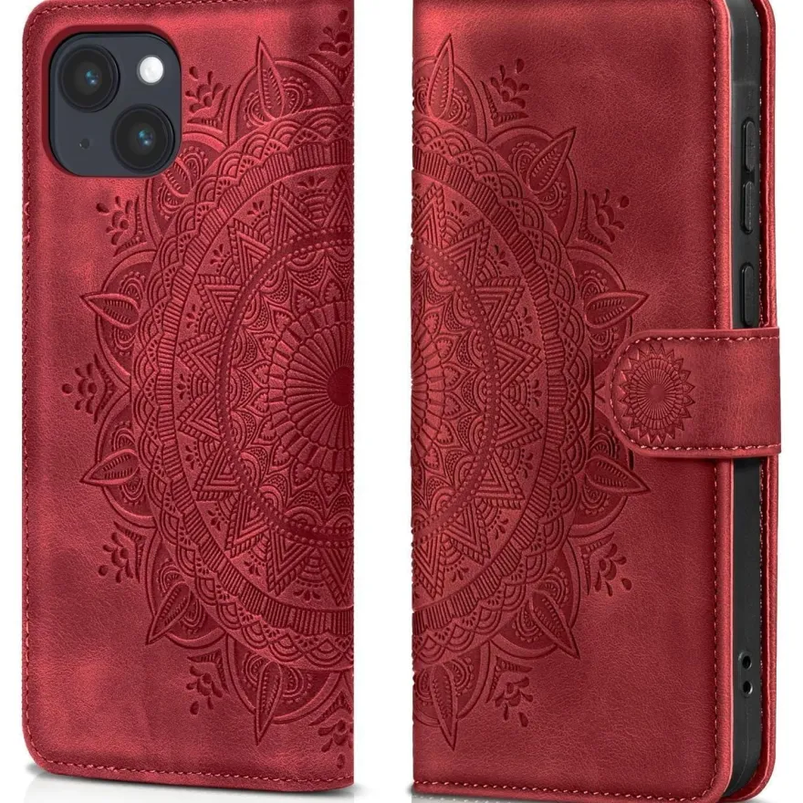 EASDNB iPhone 14 Hülle Rot mit Ständer in Lederoptik