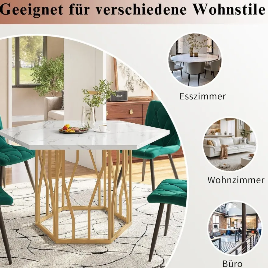 Easexcy Sechseckiger Marmor-Esstisch mit goldenem Ast-Gestell - Elegant für