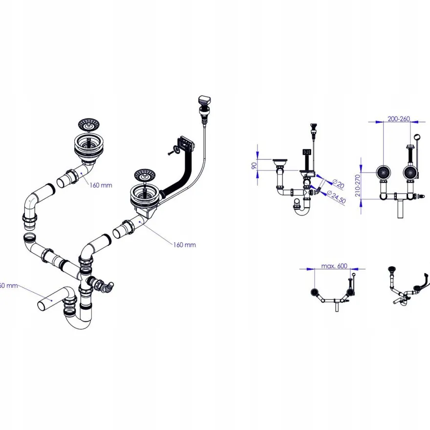 Eck-Granitspüle Merkury Grau + automatischer Siphon