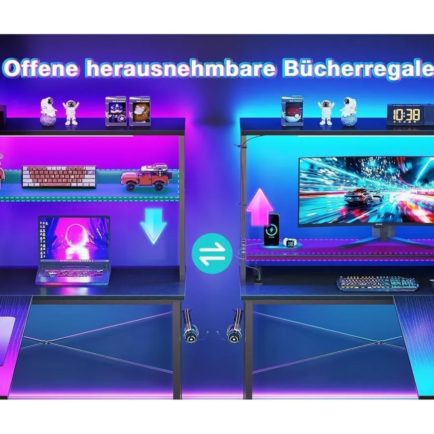 Eckschreibtisch LED L-förmiger Computertisch Steckdosen