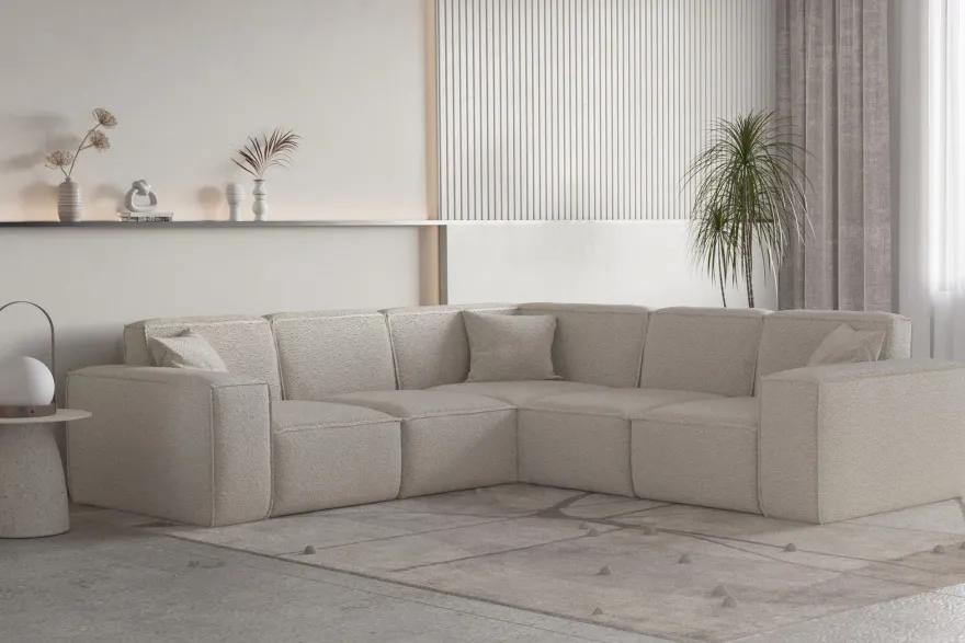 Ecksofa Designersofa CELES Premium Stoff Ascot Bukla Beige Seite Universal