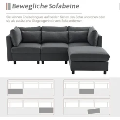Ecksofa mit Fußhocker, 220cm L-Form 3-Sitzer Couch mit Kissen, Grau