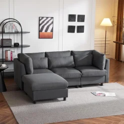 Ecksofa mit Fußhocker, 220cm L-Form 3-Sitzer Couch mit Kissen, Grau