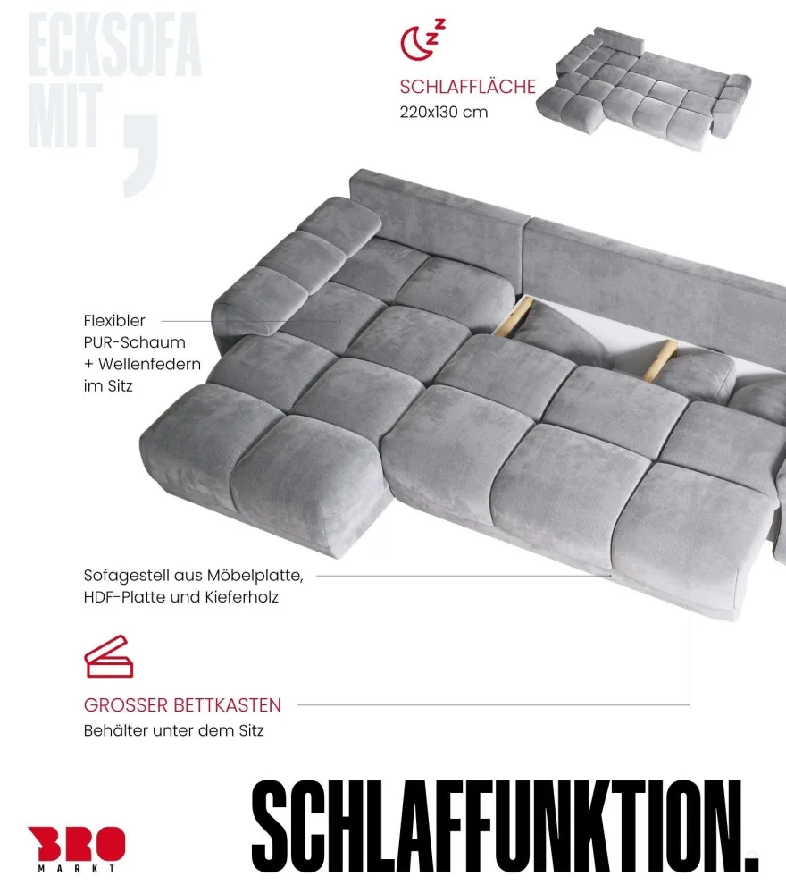 Ecksofa NUBES L-Form mit Schlaffunktion, Eckcouch mit Bettkasten Samtstoff