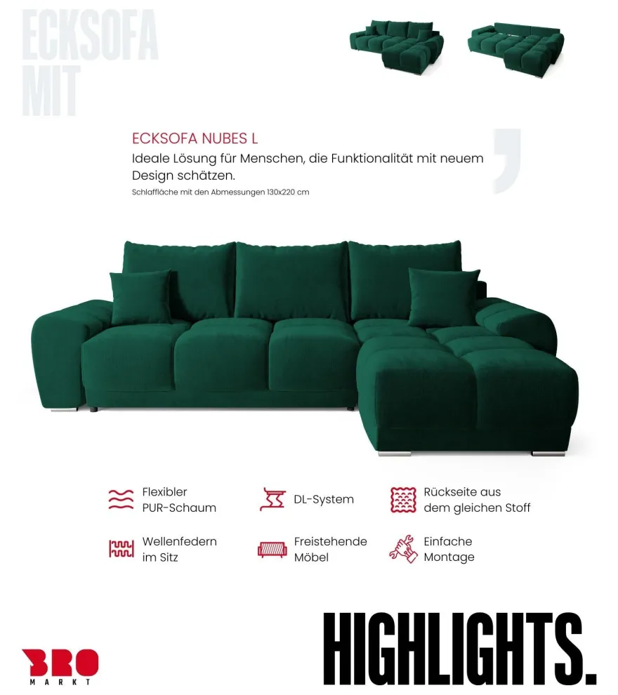 Ecksofa NUBES L-Form mit Schlaffunktion, Eckcouch mit Bettkasten Samtstoff