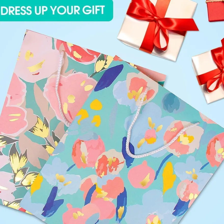 Edunass Papiertüten Groß Geschenktüten mit Henkel & Seidenpapier, Multi-Blume