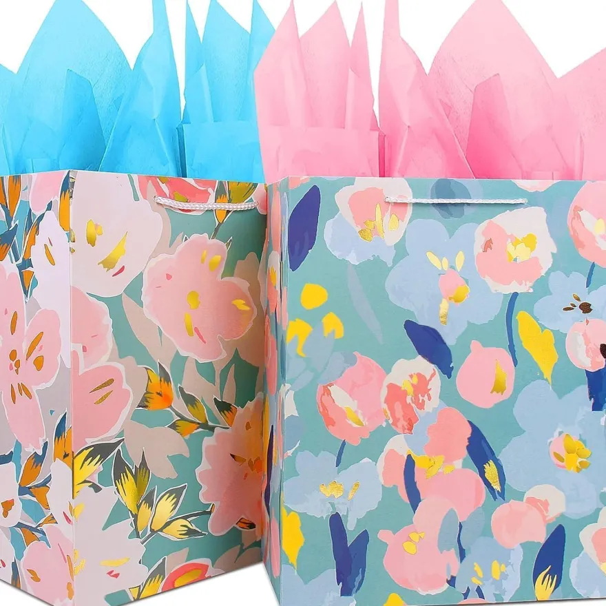 Edunass Papiertüten Groß Geschenktüten mit Henkel & Seidenpapier, Multi-Blume
