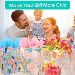 Edunass Papiertüten Groß Geschenktüten mit Henkel & Seidenpapier, Multi-Blume