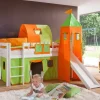 Einzelbett Alex Buche massiv 90x200 cm Weiß lackiert mit Stoff-Set und Rutsche