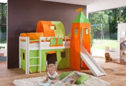 Einzelbett Alex Buche massiv 90x200 cm Weiß lackiert mit Stoff-Set und Rutsche