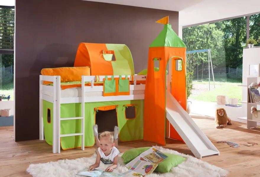Einzelbett Alex Buche massiv 90x200 cm Weiß lackiert mit Stoff-Set und Rutsche