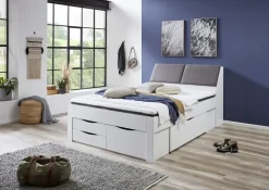 Einzelbett Maxi 140x200 Spanplatte Weiß mit Polsterkopfteil