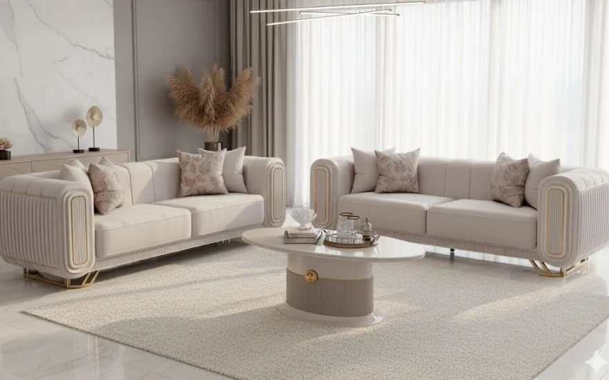 Elegante Sofagarnitur Creme Gold 2 Sofas und Couchtisch