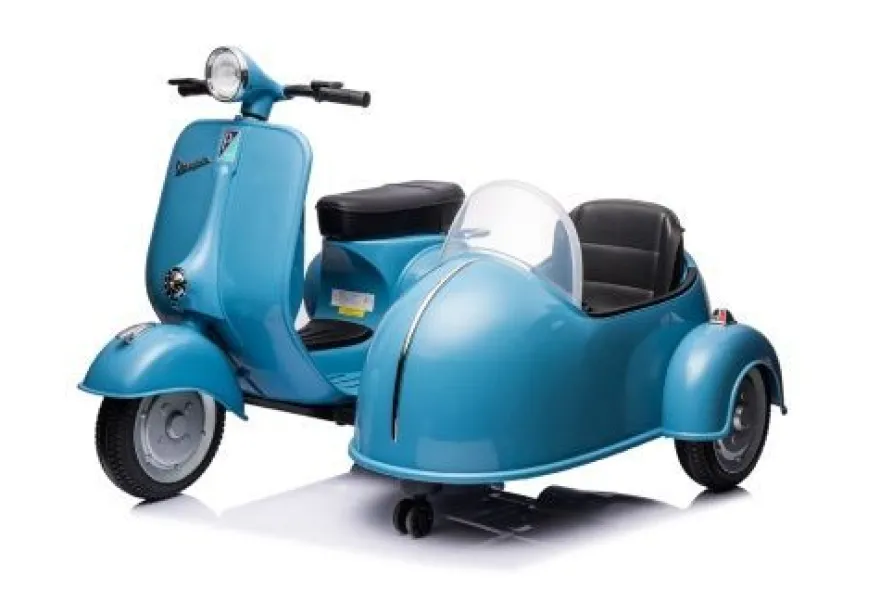 Elektro Kindermotorrad, Kinder Moped Vespa für 2 Kinder mit Beiwagen lizenziert, Elek