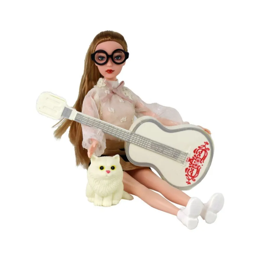 Emily Puppe für Kinder mit Gitarre, Brille, langen blonden Haaren und Kätzchen