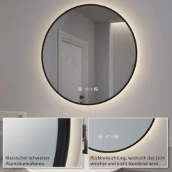 EMKE LED Badspiegel Rund Touch mit Beleuchtung Beschlagfrei Schwarz Rahmen