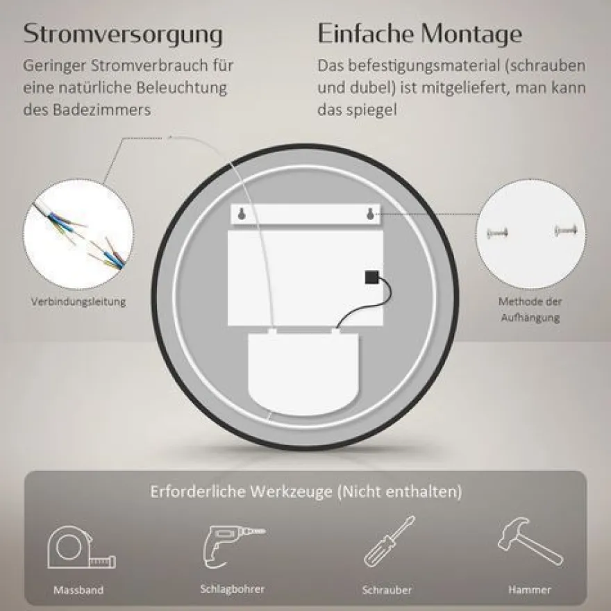 EMKE LED Badspiegel Rund Touch mit Beleuchtung Beschlagfrei Schwarz Rahmen