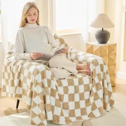 EMME Kuscheldecke Sherpa Kariert, Weiche Warme Wolldecke/Fleecedecke, Beige