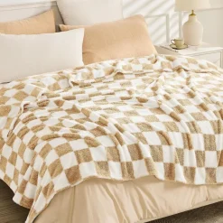 EMME Kuscheldecke Sherpa Kariert, Weiche Warme Wolldecke/Fleecedecke, Beige