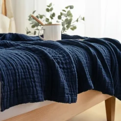 EMME Musselin Baumwolldecke Kingsize Marineblau, weich, atmungsaktiv, 274 x 228