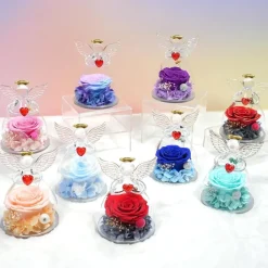 Engel Ewige Rose Figur Geschenk für Frauen in Glaskuppel Blauviolett
