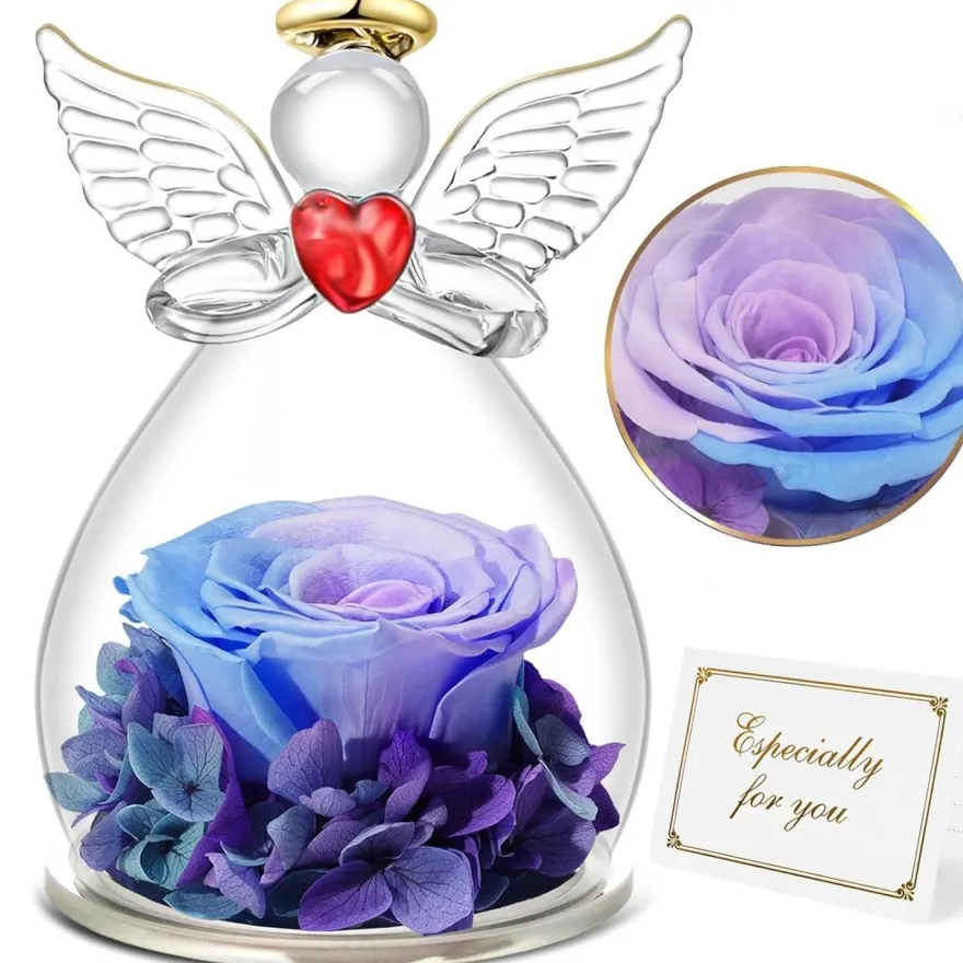 Engel Ewige Rose Figur Geschenk für Frauen in Glaskuppel Blauviolett