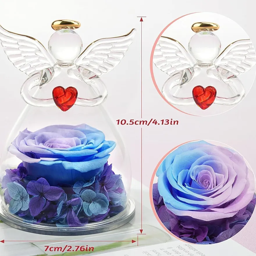 Engel Ewige Rose Figur Geschenk für Frauen in Glaskuppel Blauviolett