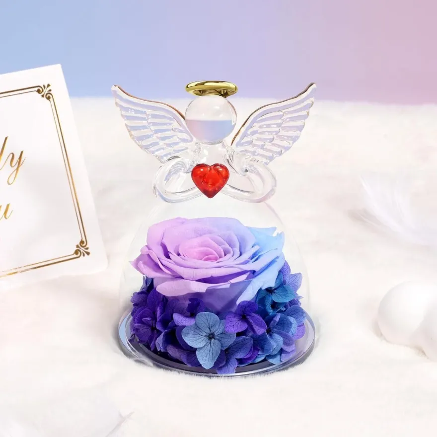 Engel Ewige Rose Figur Geschenk für Frauen in Glaskuppel Blauviolett