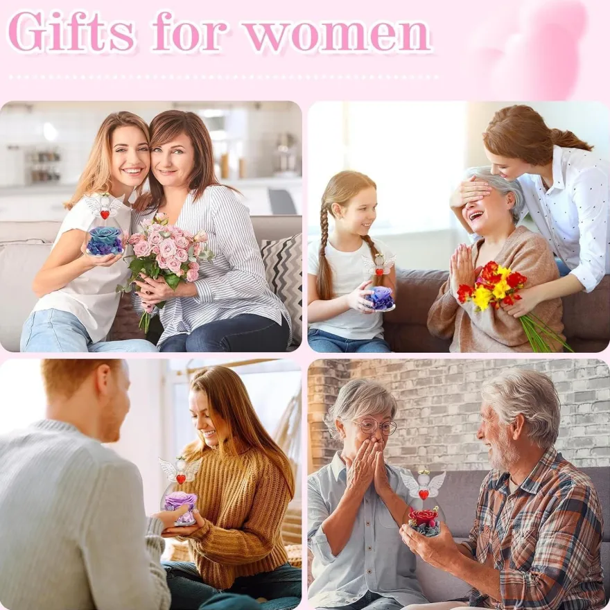 Engel Ewige Rose Figur Geschenk für Frauen in Glaskuppel Blauviolett