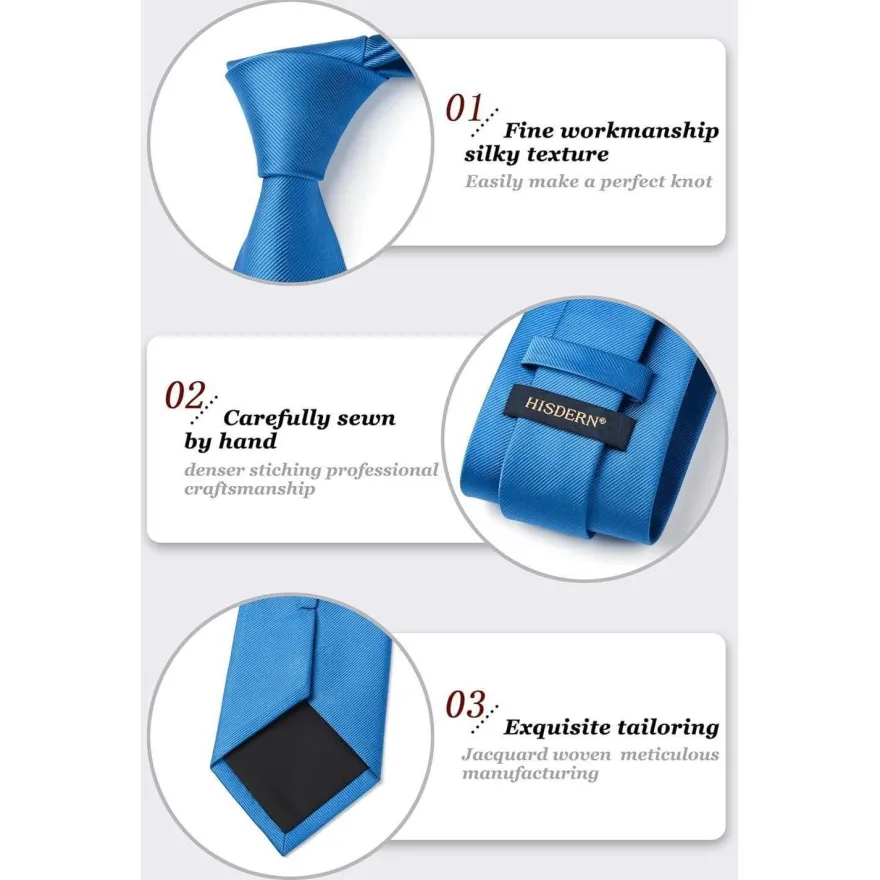 Enlision Herren Krawatte und Einstecktuch Set - Solide einfarbig Blau, ideal