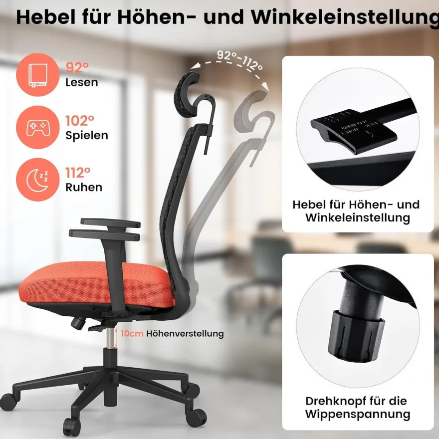 Ergonomischer Bürostuhl, Schreibtischstuhl mit hoher Rückenlehne, Lendenstütze