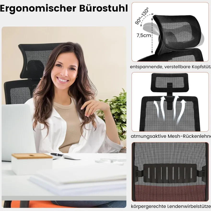 Ergonomischer Bürostuhl, Schreibtischstuhl mit hoher Rückenlehne, Lendenstütze
