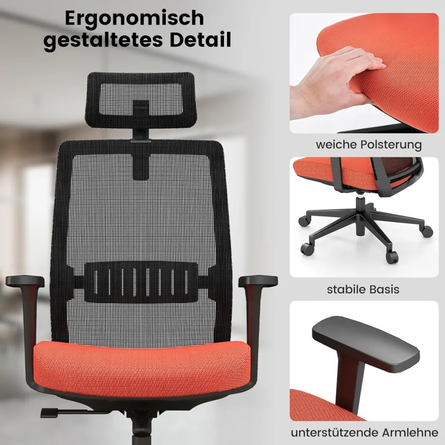 Ergonomischer Bürostuhl, Schreibtischstuhl mit hoher Rückenlehne, Lendenstütze