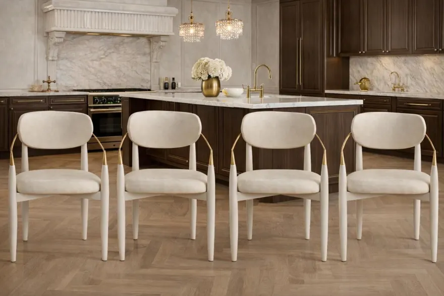 4er-Set elegante Polsterstühle in Creme mit goldenen Akzenten