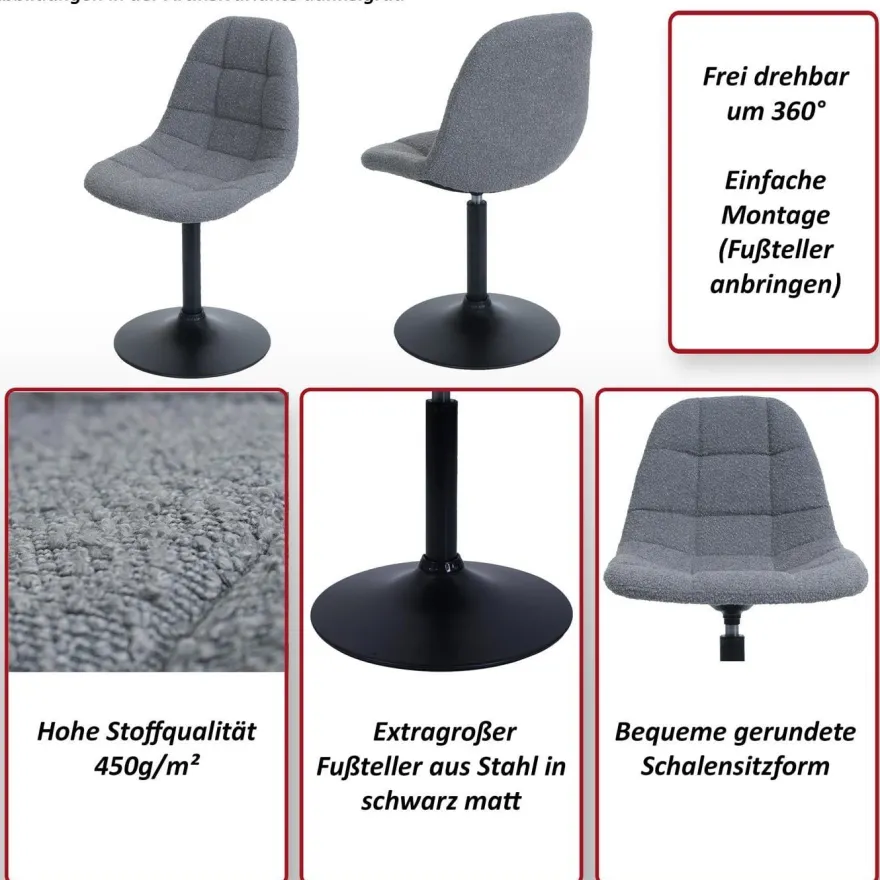 2er-Set Esszimmerstuhl HWC-A60, Küchenstuhl Drehstuhl Stahl Stoff Bouclé 450g/m²