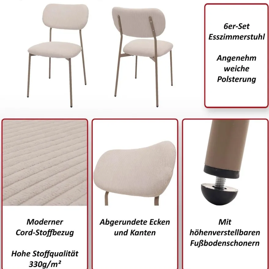 6er-Set Esszimmerstuhl HWC-O26, Stuhl, Cord (330g/m²) Stoff/Textil Metall