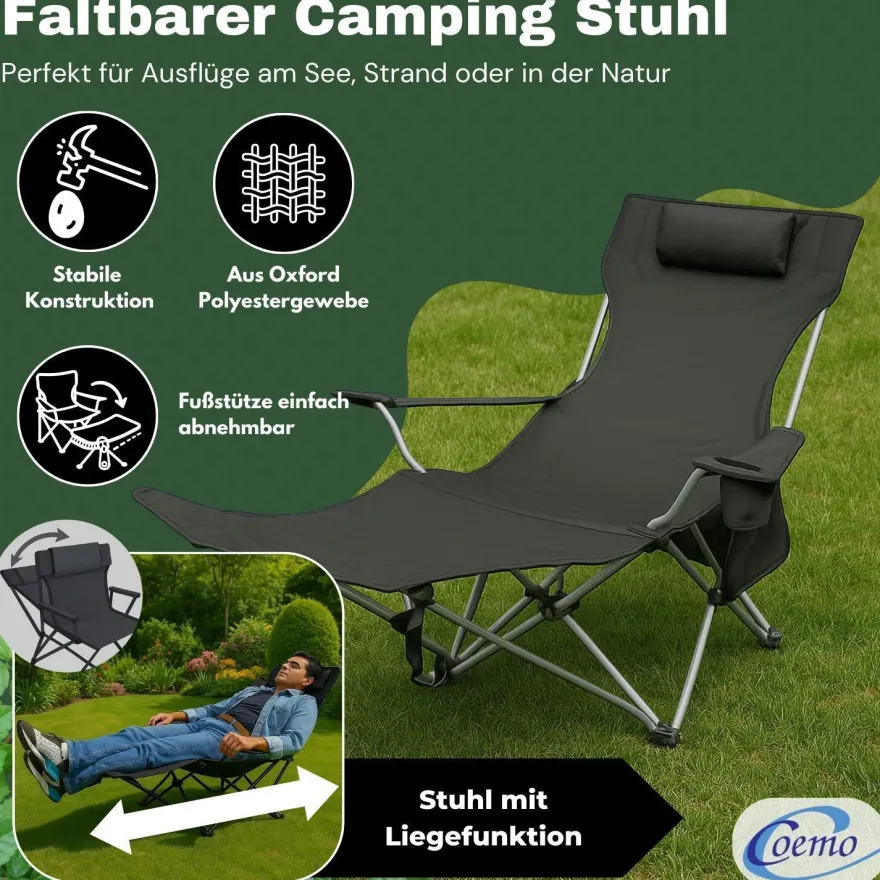 2er Set Liegestuhl tragbar Campingstuhl zusammenklappbar, Getränkehalter Tasche