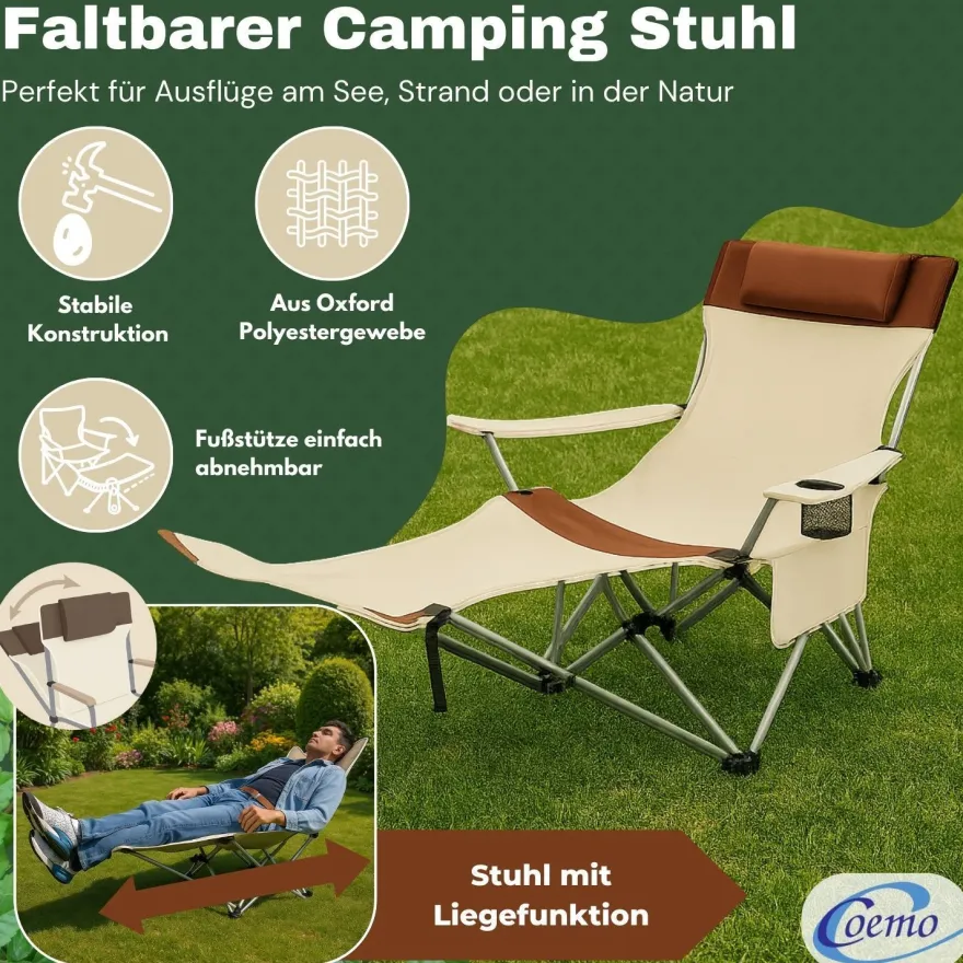 2er Set Liegestuhl tragbar Campingstuhl zusammenklappbar, Getränkehalter Tasche