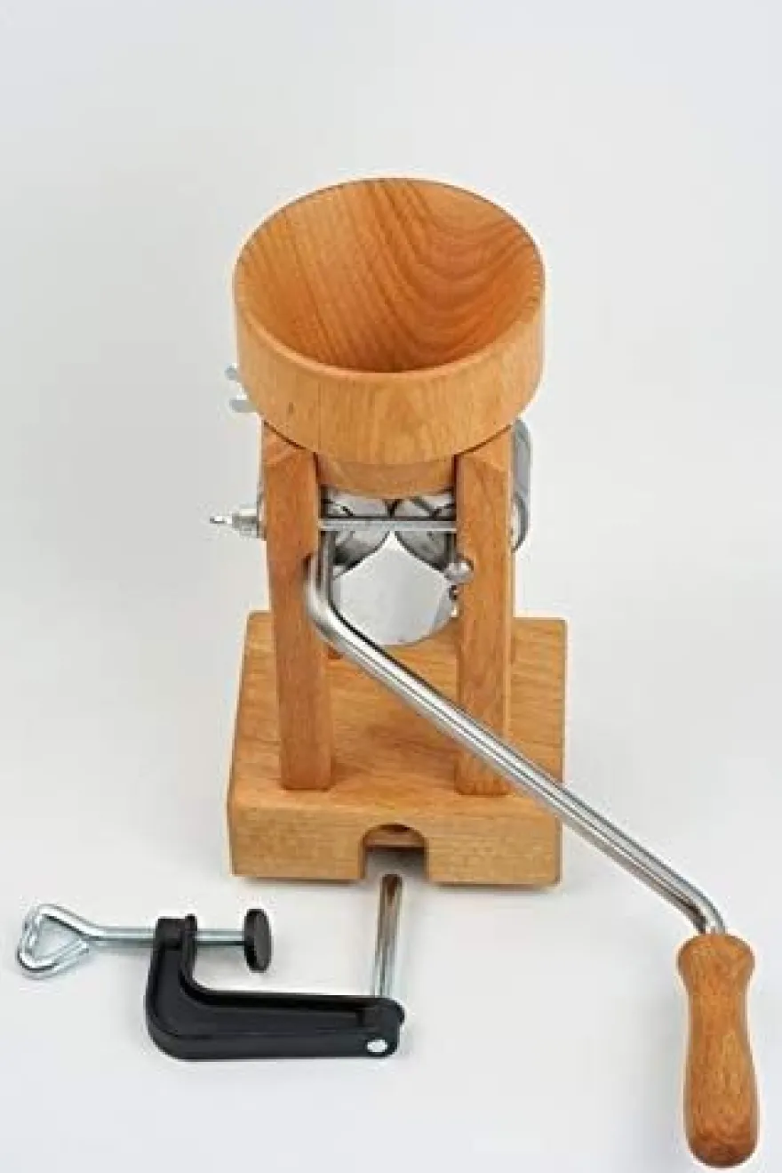 Eschenfelder Kornquetsche Tischmodell Holztrichter + Schraubzwinge + Kurbel + Bürste