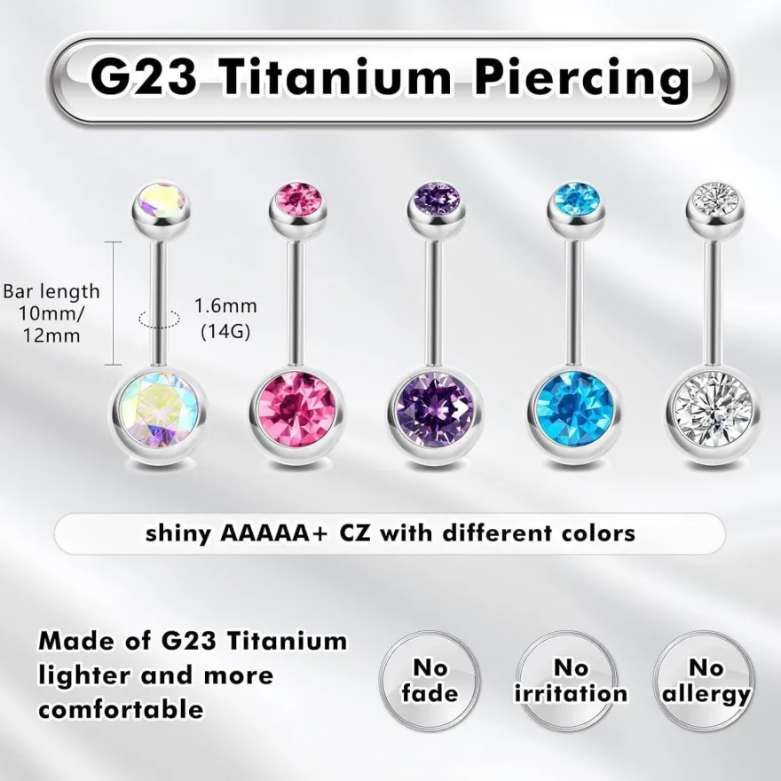 Eshioner G23 Titan Bauchnabelpiercing 14G 10MM/12MM, Gold Silber Rosa Lila