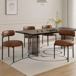 Esszimmerstühle 6er Set: Mid-Century Boucle Stühle mit Metallbeinen Lederoptik
