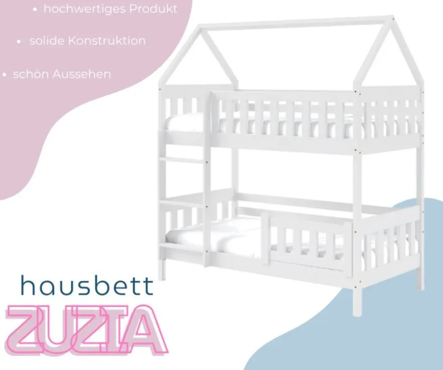 Etagenbett ZUZIA 160x80 cm Hausbett Kinderbett Massivholz Weiß mit Matratzen