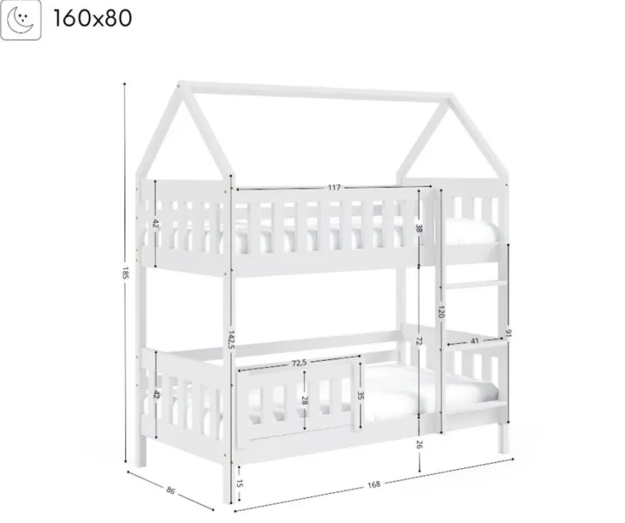 Etagenbett ZUZIA 160x80 cm Hausbett Kinderbett Massivholz Weiß mit Matratzen