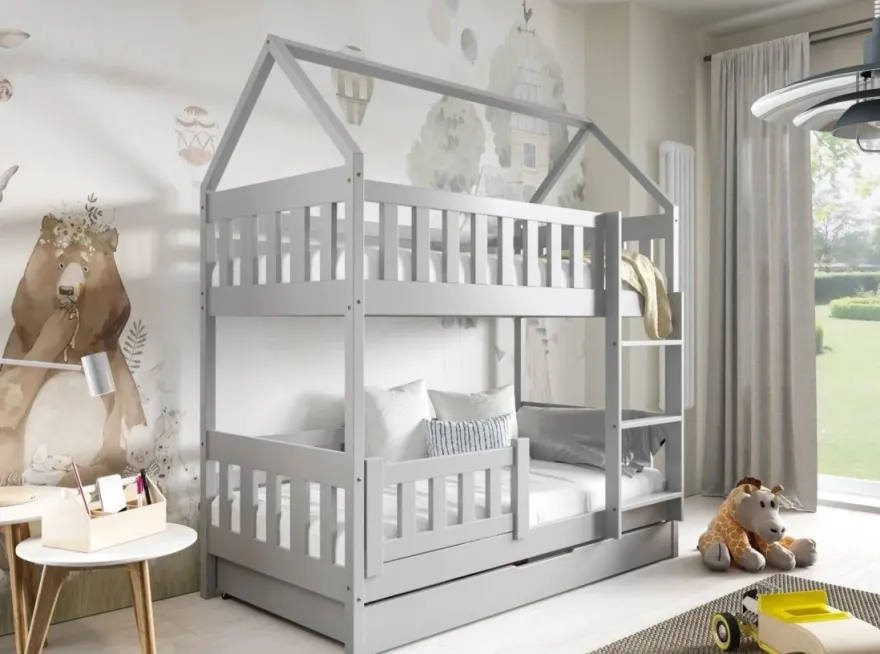 Etagenbett ZUZIA 160x80 cm Hausbett Kinderbett Massivholz Weiß mit Matratzen