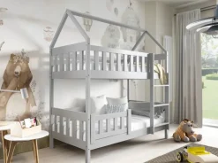 Etagenbett ZUZIA 160x80 cm Hausbett Kinderbett Massivholz Weiß mit Matratzen