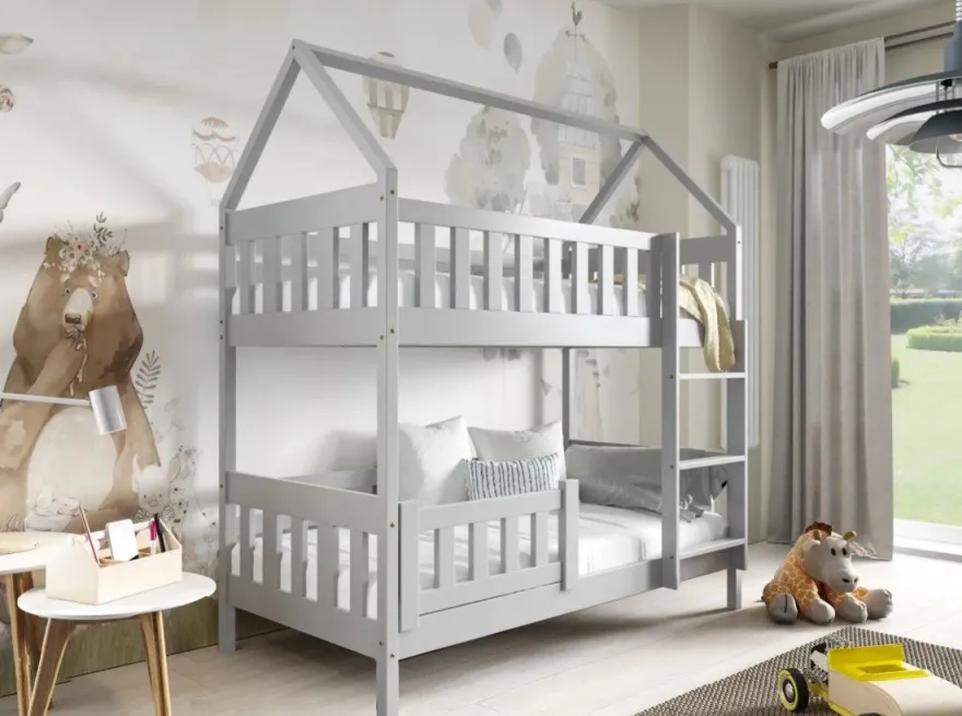 Etagenbett ZUZIA 160x80 cm Hausbett Kinderbett Massivholz Weiß mit Matratzen