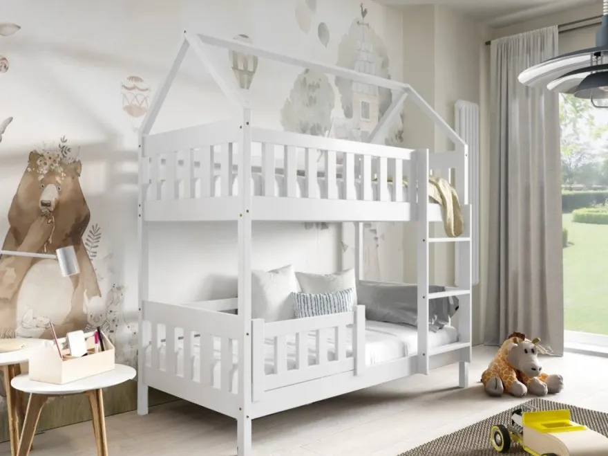 Etagenbett ZUZIA 160x80 cm Hausbett Kinderbett Massivholz Weiß mit Matratzen