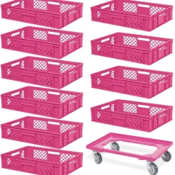 10 Eurobehälter, LxBxH 600x400x150 mm, lebensmittelecht + 1 Transportroller, pink