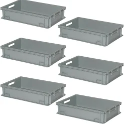 6 Eurobehälter mit 2 Durchfassgriffen, LxBxH 600 x 400 x 150 mm, 27 Liter, grau